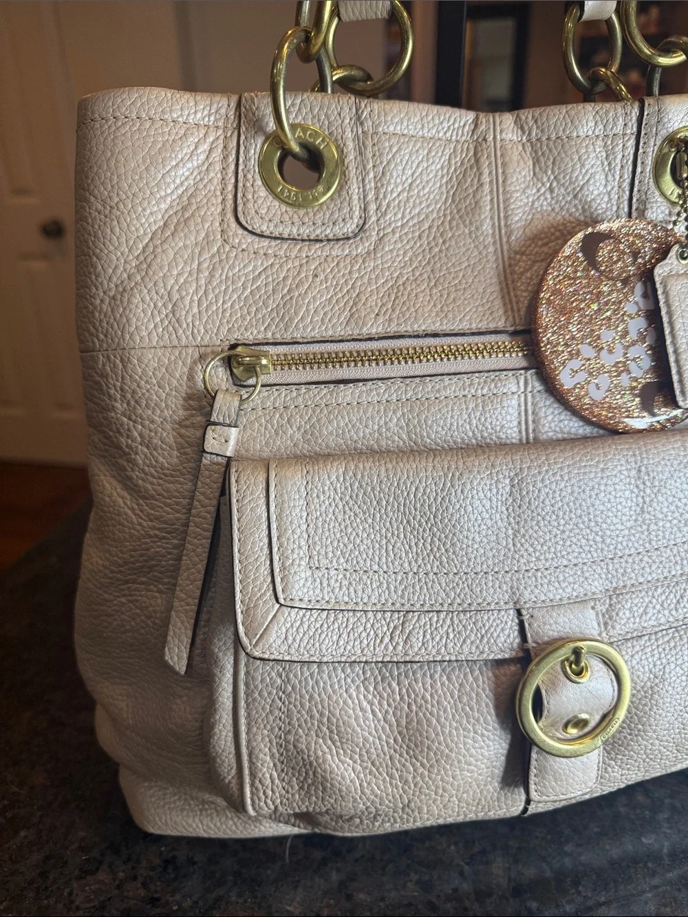 Coach Penelope Champagne Metallic Leather Shoulder Tote with Gold Hardware